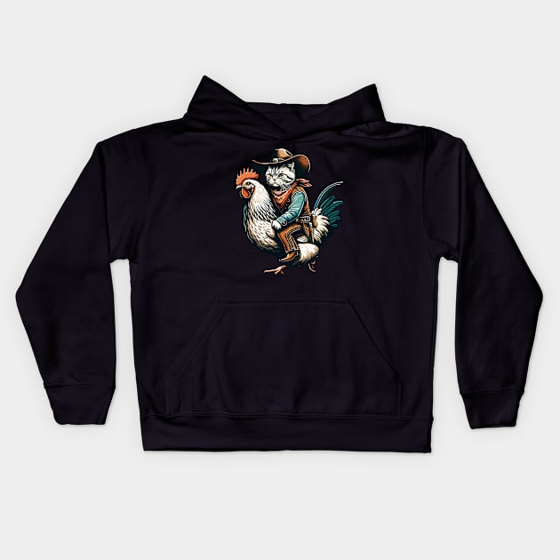 Meowdy Cat Riding Chicken Kids Hoodie by VisionDesigner
